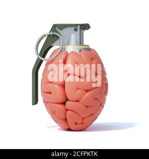 Hand grenade in the shape of human brain, brain storming concept, mental health concept, 3d rendering Stock Photo