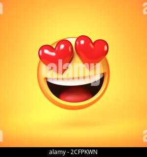 Falling in love emoji isolated on yellow background, heart shaped eyes emoticon tongue 3d rendering Stock Photo