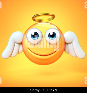 Angel emoji isolated on yellow background, emoticon with wings and halo 3d rendering Stock Photo
