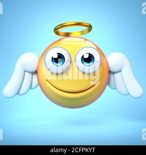 Angel emoji isolated on yellow background, emoticon with wings and halo 3d rendering Stock Photo