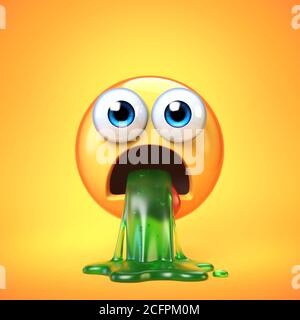 Puking emoji isolated on yellow background, disgusted or sick emoticon, vomiting emoji 3d rendering Stock Photo