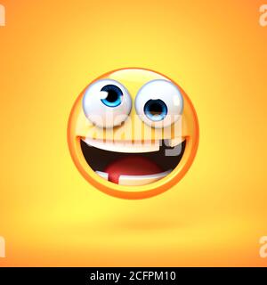 Crazy emoji isolated on yellow background, silly face emoticon 3d rendering Stock Photo