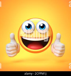 Thumbs up emoji isolated on yellow background, emoticon giving likes 3d rendering Stock Photo