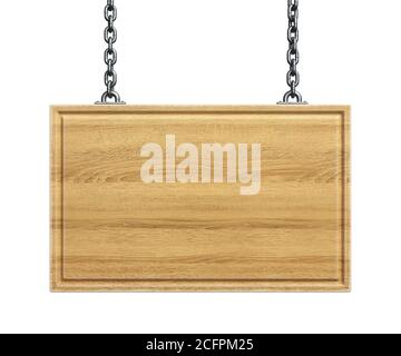 Wooden sign board hanging on a chains isolated on white background 3d rendering Stock Photo