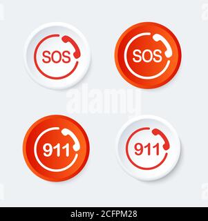911 and SOS button. Emergency phone symbol. Round icons. Stock Vector