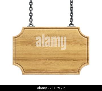 Wooden sign board hanging on a chains isolated on white background 3d rendering Stock Photo