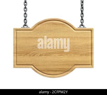 Wooden sign board hanging on a chains isolated on white background 3d rendering Stock Photo