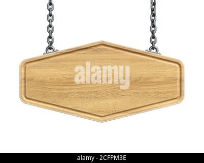 Wooden sign board hanging on a chains isolated on white background 3d rendering Stock Photo