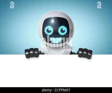 Little robot holding blank white board, 3d rendering Stock Photo