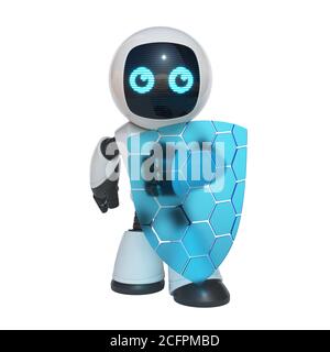 Little robot holding transparent shield, data security concept, 3d rendering Stock Photo