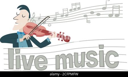 A banner in retro style with a violinist. In the background there is a staff with musical notes and the phrase “Live music”. Stock Vector