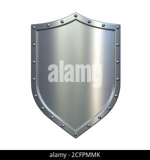 Steel medieval shield, metallic shield, isolated on white background, 3d rendering Stock Photo