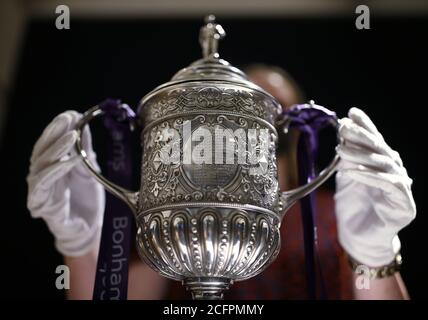 Laurel Kemp of Bonhams with the oldest surviving FA Cup trophy during a preview of the sporting Trophies Sale at which will take place as Bonhams New Bond Street saleroom on September 29. The silver two-handled cup, estimated at GBP 700,000 -900,000, was made by Vaughton and Sons of Birmingham in 1896, and was presented to the FA Cup winning teams between 1896 and 1910, including Manchester United, Manchester City, Everton, Newcastle United and Tottenham Hotspur. Stock Photo