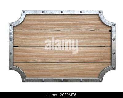 Wooden medieval sign board with metal frame isolated on white background 3d rendering Stock Photo