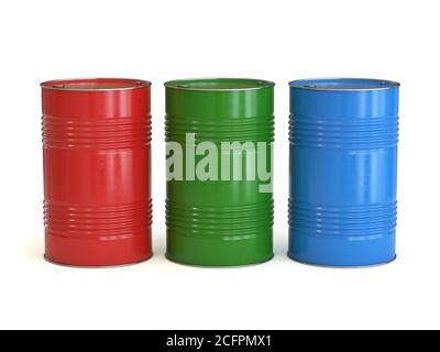 Red green and blue barrels isolated on the white background 3d rendering Stock Photo