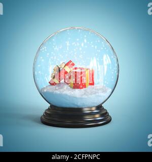 Open gift box inside snow globe 3d rendering Stock Photo