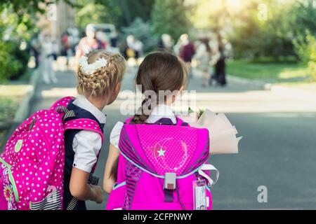 Pir of cute adorable little caucasian school girls with big pink backpacks wearing uniform and flowers bouquet going back to school. First class Stock Photo