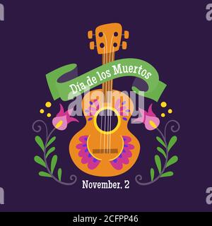Day of Dead (Día de Muertos) Label. Cartoon Mexican guitar and decorative ribbon with text in spanish. Cute vector Illustration. Stock Vector