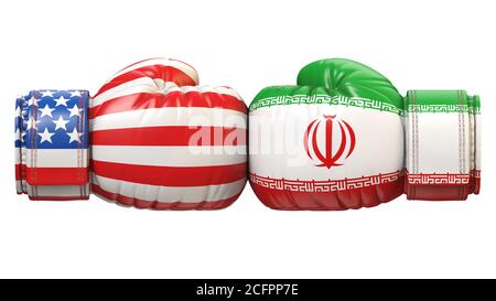 USA against Iranian boxing glove, America vs. Iran international conflict or rivalry 3d rendering Stock Photo