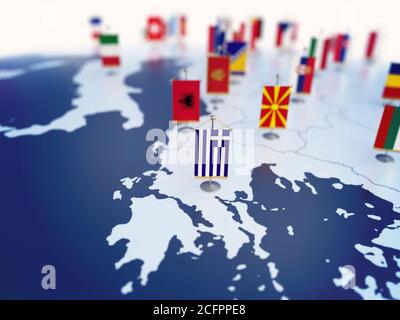 Flag of Greece in focus among other European countries flags. Europe marked with table flags 3d rendering Stock Photo