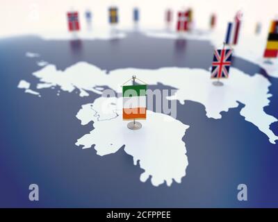Flag of Ireland in focus among other European countries flags. Europe marked with table flags 3d rendering Stock Photo