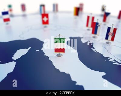 Flag of Italy in focus among other European countries flags. Europe marked with table flags 3d rendering Stock Photo