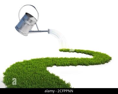 Watering can pouring water on the grass pathway, growth 3d concept, 3d rendering Stock Photo
