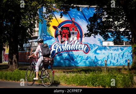 Hanover, Germany. 14th July, 2020. The logo of the ice sports club 'EC Hannover Indians' can be seen on a facade in the entrance area to the ice stadium at the horse tower. Credit: Moritz Frankenberg/dpa/Alamy Live News Stock Photo