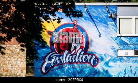 Hanover, Germany. 14th July, 2020. The logo of the ice sports club 'EC Hannover Indians' can be seen on a facade in the entrance area to the ice stadium at the horse tower. Credit: Moritz Frankenberg/dpa/Alamy Live News Stock Photo