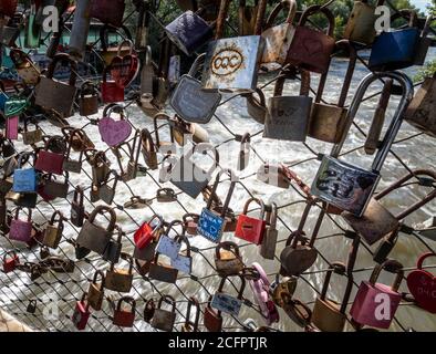 GRAZ, AUSTRIA - SEPTEMBER 04, 2020:Padlocks on bridge over river Mur in Graz, Austria Stock Photo