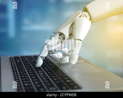 Robot hand typing on the laptop keyboard, 3d rendering Stock Photo