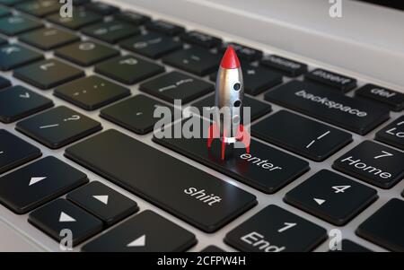 Start up 3d concept, space ship rocket on the laptop keyboard, 3d rendering Stock Photo