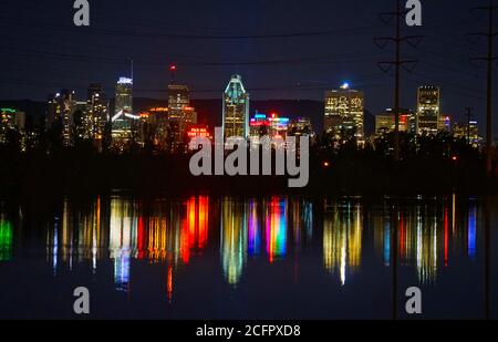 Montreal,Quebec,Canada,September 6, 2020.Reflection of Montreal skyline at night.Credit:Mario Beauregard/Alamy News Stock Photo