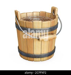 Wooden bucket with water isolated on white background 3d rendering Stock Photo