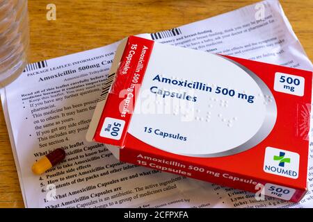 Photograph of an opened packet of Amoxicillin capsules, a common antibiotic medication used for treating infections Stock Photo