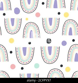 Modern minimalistic cute pattern with abstract rainbow. Seamless pattern in pastel colors for kids, wrapping paper, hobbies, fabrics. Vector illustration isolated on white background Stock Vector