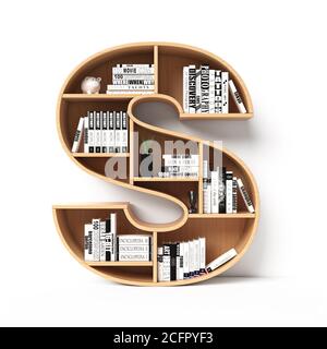 Bookshelves 3d font. Alphabet in the form of book shelves. Mockup font, 3d rendering. Letter S Stock Photo