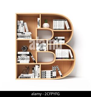 Bookshelves 3d font. Alphabet in the form of book shelves. Mockup font, 3d rendering. Letter B Stock Photo