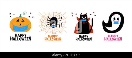 Quarantine Halloween greeting cards set. Jack o lantern, ghost, cat, spider in medical face mask. Isolated on white background. Vector stock Stock Vector