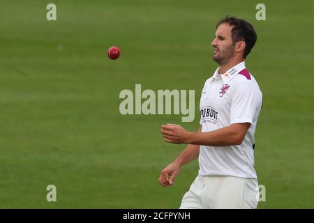 Worcester, UK. 07th Sep, 2020. WORCESTER, ENGLAND. SEPTEMBER 07 2020: Lewis Gregory of Somerset during day two of the County Championship, Bob Willis Trophy match between, Worcestershire and Somerset at New Road, Worcester, England on September 7 2020. (Photo by Mitchell Gunn/ESPA-Images) Credit: European Sports Photo Agency/Alamy Live News Stock Photo