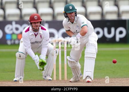 Worcester, UK. 07th Sep, 2020. WORCESTER, ENGLAND. SEPTEMBER 07 2020: Jake Libby of Worcestershire batting as wicketkeeper Steven Davies of Somerset looks on during day two of the County Championship, Bob Willis Trophy match between, Worcestershire and Somerset at New Road, Worcester, England on September 7 2020. (Photo by Mitchell Gunn/ESPA-Images) Credit: European Sports Photo Agency/Alamy Live News Stock Photo