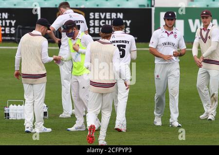 Worcester, UK. 07th Sep, 2020. WORCESTER, ENGLAND. SEPTEMBER 07 2020: Somerset players sanitise their hands during day two of the County Championship, Bob Willis Trophy match between, Worcestershire and Somerset at New Road, Worcester, England on September 7 2020. (Photo by Mitchell Gunn/ESPA-Images) Credit: European Sports Photo Agency/Alamy Live News Stock Photo