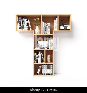 Bookshelves 3d font. Alphabet in the form of book shelves. Mockup font, 3d rendering. Letter T Stock Photo