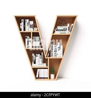 Bookshelves 3d font. Alphabet in the form of book shelves. Mockup font, 3d rendering. Letter V Stock Photo