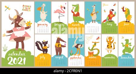 Vector 2021 calendar with funny cartoon wild animals Stock Vector