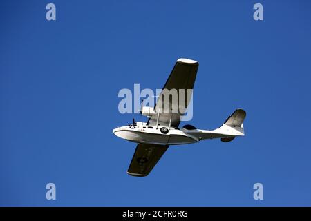 Ayr, Ayrshire, Scotland  05 Sept 2015, Scottish International Airshow. A Catalina Flying boat against clear blue sly Stock Photo
