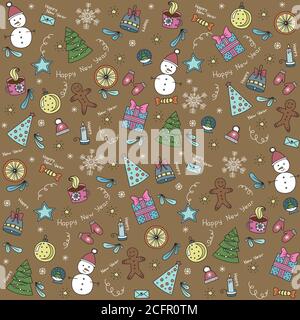 Christmas icons seamless pattern, Happy Winter Holiday tile background. Doodle outline ornamental design elements Stock Vector