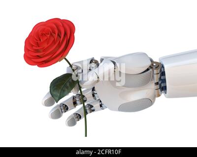Robot hand holding red rose 3d rendering Stock Photo