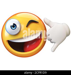 Call you back emoji isolated on white background, smiling winking face emoticon with phone hand gesture 3d rendering Stock Photo