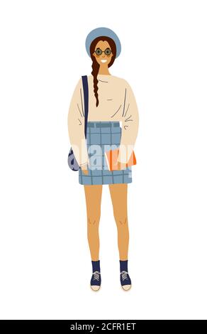 Modern fashionable female student girl in glasses and hat. Young happy standing woman with long hair, backpack and book. Student or schoolgirl. Flat cartoon character.Vector illustration Stock Vector